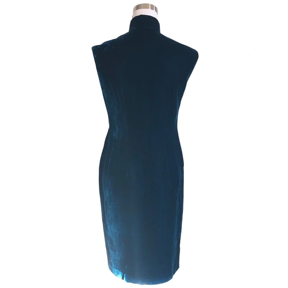 VINTAGE 90s Y2K Handmade Teal Velvet Mandarin Collar Sleeveless Mini Dress Small